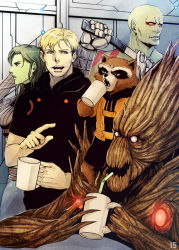 Rule 34 | 1girl, 2boys, animification, bad id, bad pixiv id, cup, drax the destroyer, drinking, gamora, groot, guardians of the galaxy, iduhara jugo, marvel, marvel cinematic universe, mug, multiple boys, peter quill, rocket raccoon