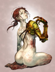 Rule 34 | 1girl, amputee, ass, blood, elden ring, highres, looking at viewer, mechanical arms, millicent (elden ring), muuten, nude, ponytail, prosthesis, prosthetic arm, red hair, scar, short ponytail, single mechanical arm, solo, white background, yellow eyes