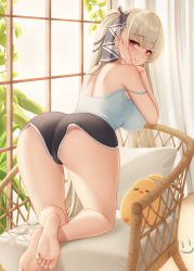 Rule 34 | 1girl, all fours, ass, azur lane, barefoot, bent over, breasts, chair, closed mouth, curtains, elbow rest, feet, formidable (azur lane), highres, large breasts, long hair, looking at viewer, looking back, manjuu (azur lane), on chair, panties, panty peek, red eyes, short shorts, shorts, smile, soles, solo, strap slip, tank top, toes, twintails, underwear, very long hair, wei xiao, white hair, window