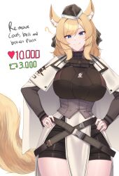 Rule 34 | 1girl, ?, absurdres, animal ear fluff, animal ears, arknights, armor, blonde hair, blue eyes, breastplate, breasts, closed mouth, cowboy shot, garrison cap, hands on own hips, hat, highres, horse ears, horse girl, horse tail, kanta (kanta 077), kingdom of kazimierz logo, large breasts, long hair, looking at viewer, meme, simple background, smile, solo, tail, thighs, twitter strip game (meme), whislash (arknights), white background