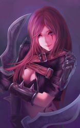 Rule 34 | 1girl, absurdres, armor, black gloves, blue eyes, breasts, bzerox, cleavage, dagger, dual wielding, gloves, highres, holding, katarina (league of legends), knife, league of legends, lips, long hair, midriff, pink hair, riot games, scar, smile, solo, tattoo, upper body, weapon