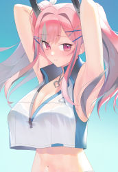 Rule 34 | 1girl, arisugawa haruka (mutuki nakajima), armpits, arms behind head, arms up, azur lane, bare shoulders, black bra, blue background, blush, bra, breasts, bremerton (azur lane), bremerton (scorching-hot training) (azur lane), cleavage, collarbone, collared shirt, commentary request, crop top, crop top overhang, gradient background, grey hair, hair intakes, hair ornament, hairclip, heart, heart necklace, highres, jewelry, large breasts, long hair, looking at viewer, midriff, mole, mole under eye, multicolored hair, navel, necklace, pink eyes, pink hair, see-through, shirt, sidelocks, simple background, sleeveless, sleeveless shirt, smile, solo, sportswear, standing, streaked hair, sweat, tennis uniform, twintails, two-tone hair, two-tone shirt, underwear, upper body, wet, wet clothes, wet shirt, white shirt, x hair ornament