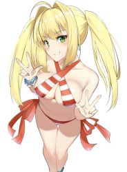 Rule 34 | 10s, 1girl, ahoge, anklet, bare shoulders, bead anklet, bead bracelet, beads, bikini, blonde hair, blush, bracelet, breasts, cleavage, closed mouth, collarbone, criss-cross halter, earrings, fate/extra, fate/grand order, fate (series), green eyes, hair between eyes, hair intakes, halterneck, hand gesture, hands up, hip focus, jewelry, large breasts, legs, long hair, looking at viewer, navel, nero claudius (fate), nero claudius (fate) (all), nero claudius (swimsuit caster) (fate), red bikini, side-tie bikini bottom, simple background, smile, solo, striped bikini, striped clothes, suzuharu toufu, swimsuit, thighs, twintails, w, white background