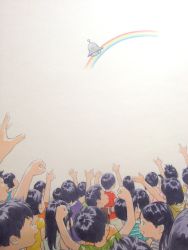 Rule 34 | absurdres, arms up, child, eisaku11, flying saucer, highres, kubonouchi eisaku, multiple boys, multiple girls, original, pointing, rainbow, spacecraft, traditional media