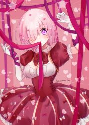Rule 34 | 1girl, absurdres, alternate costume, blush, bound, bow, bowtie, breasts, cleavage, commentary request, dress, elbow gloves, fate/grand order, fate (series), gloves, hair ornament, hair over one eye, harukappa, heart, heart hair ornament, heart print, highres, looking at viewer, mash kyrielight, medium breasts, mouth hold, one eye covered, pink bow, pink hair, puffy short sleeves, puffy sleeves, purple eyes, red bow, red bowtie, red dress, short hair, short sleeves, solo, tied up (nonsexual), twitter username, valentine, white bow, white gloves