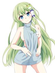 Rule 34 | smile, bare arms, bare shoulders, blue eyes, breasts, closed mouth, clothes pull, contrapposto, cowboy shot, dress, green hair, grey sweater, hair between eyes, hair ornament, head tilt, highres, kochiya sanae, long hair, looking at viewer, medium breasts, meme attire, naked sweater, no bra, off-shoulder sweater, off shoulder, pulling own clothes, revealing clothes, sideboob, simple background, sleeveless, sleeveless sweater, smile, snake hair ornament, standing, straight hair, sweater, sweater dress, tohs50, touhou, turtleneck, turtleneck sweater, very long hair, virgin killer sweater, white background
