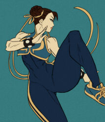 Rule 34 | bare arms, bracelet, capcom, chun-li, double bun, fighting stance, hair bun, hair ribbon, high collar, highres, jewelry, kris anka, official alternate costume, patterned clothing, ribbon, shoes, simple background, sneakers, street fighter, street fighter zero (series)