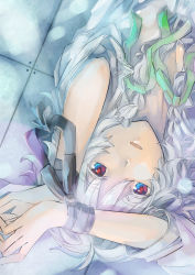 Rule 34 | 1girl, bad id, bad pixiv id, blue eyes, bound, cover, cover page, izayoi sakuya, multicolored eyes, parted lips, red eyes, shirt, short hair, silver hair, solo, tied up (nonsexual), touhou, upside-down, white shirt, yagimiwa
