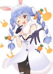 Rule 34 | 1girl, ;d, animal ear fluff, animal ears, bad id, bad pixiv id, beckoning, black gloves, black leotard, black pantyhose, blue hair, braid, breasts, bridal garter, carrot hair ornament, clothing cutout, coat, coat dress, cowboy shot, detached sleeves, don-chan (usada pekora), dress, finger to cheek, food-themed hair ornament, fur-trimmed coat, fur-trimmed gloves, fur scarf, fur trim, gloves, hair ornament, head tilt, hikimayu, hololive, leotard, leotard under clothes, long hair, multicolored hair, ocha uma, one eye closed, open mouth, orange eyes, outstretched arm, outstretched hand, pantyhose, playboy bunny, puffy short sleeves, puffy sleeves, rabbit-shaped pupils, rabbit ears, reaching, reaching towards viewer, scarf, short eyebrows, short sleeves, small breasts, smile, solo, strapless, strapless coat, strapless dress, strapless leotard, swept bangs, symbol-shaped pupils, teeth, thick eyebrows, twin braids, twintails, two-tone hair, underboob cutout, upper teeth only, usada pekora, usada pekora (1st costume), virtual youtuber, white coat, white hair, white scarf, white sleeves