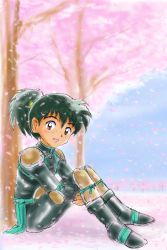 Rule 34 | 1boy, against tree, blush, cherry blossoms, highres, inuyasha, kohaku (inuyasha), looking at viewer, male focus, open mouth, outdoors, petals, ponytail, short hair, smile, solo, takenokoya, tree