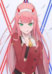 Rule 34 | 1girl, :q, absurdres, commentary request, darling in the franxx, eyeliner, green eyes, hairband, hand up, highres, horns, index finger raised, long hair, long sleeves, looking at viewer, makeup, military uniform, necktie, pink hair, red eyeliner, red horns, red shirt, ruha (ruha12haru), shirt, solo, tongue, tongue out, uniform, upper body, white hairband, yellow necktie, zero two (darling in the franxx)