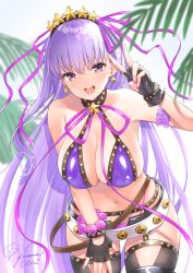 Rule 34 | 1girl, bare shoulders, bb (fate), bb (fate) (all), bb (swimsuit mooncancer) (fate), bb (swimsuit mooncancer) (second ascension) (fate), bead bracelet, beads, belt, bikini, black garter belt, black gloves, black shorts, black thighhighs, blush, bracelet, breasts, cleavage, collarbone, fate/grand order, fate (series), fingerless gloves, garter belt, gloves, hair ornament, hair ribbon, hairband, highres, jewelry, large breasts, long hair, looking at viewer, loose belt, micro shorts, navel, neck ribbon, open mouth, purple bikini, purple eyes, purple hair, ribbon, shorts, smile, star (symbol), star hair ornament, studded garter belt, swimsuit, thighhighs, thighs, v, very long hair, white belt, yamamura umi