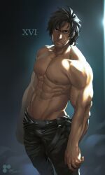 Rule 34 | 1boy, 8 (yamalu), abs, artist name, bara, black hair, black pants, clive rosfield, facial hair, final fantasy, final fantasy xvi, highres, large pectorals, looking at viewer, male focus, muscular, muscular male, navel, nipples, pants, pectorals, scar, scar on face, short hair, solo, topless male