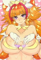 Rule 34 | 1girl, amanogawa kirara, breasts, brown hair, come hither, cure twinkle, earrings, female focus, gloves, go! princess precure, highres, jewelry, large breasts, long hair, looking at viewer, magical girl, multicolored hair, paizuri invitation, precure, purple eyes, smile, solo, star (symbol), star earrings, twintails, two-tone hair, wakura (gcdan)