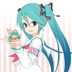 Rule 34 | &gt; &lt;, aqua eyes, aqua hair, armband, blush, capelet, character doll, commentary, doll, from side, glasses, hair between eyes, hair ribbon, hands up, hat, hatsune miku, holding, holding doll, lat model (mikumikudance), light blush, long hair, looking at viewer, looking to the side, mittens, neck ribbon, red capelet, red mittens, red ribbon, ribbon, sailor collar, santa costume, santa hat, school uniform, shirt, smile, solo, soukun s, star (symbol), striped, striped background, twintails, upper body, very long hair, vocaloid, white shirt