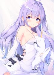 Rule 34 | 1girl, ahoge, azur lane, bare shoulders, black bow, blush, bow, breasts, detached sleeves, dress, gradient background, hair bun, hair ribbon, highres, holding, holding toy, long hair, looking at viewer, one side up, open mouth, purple eyes, purple hair, ranju aira, ribbon, side bun, single hair bun, single side bun, solo, stuffed animal, stuffed toy, stuffed unicorn, toy, unicorn, unicorn (azur lane), very long hair, white dress