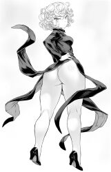 Rule 34 | 1girl, ass, ass focus, back, black dress, breasts, curly hair, dress, floating, floating clothes, greyscale, hand on own hip, high heels, highres, huge ass, levitation, long sleeves, looking at viewer, mogudan, monochrome, one-punch man, petite, psychic, simple background, small breasts, solo, tatsumaki, telekinesis, thick thighs, thighs, thong, white background, wide hips