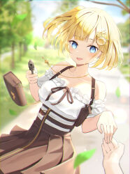 Rule 34 | 1girl, :d, absurdres, bag, bare shoulders, blonde hair, blue eyes, blurry, blurry background, blush, brown bag, dress, earrings, frills, gun, hair ornament, hairclip, handbag, heart, heart earrings, highres, holding, holding gun, holding weapon, hololive, hololive english, jewelry, key, key necklace, korean commentary, leaning back, light blush, looking at viewer, necklace, official alternate hairstyle, open mouth, pov, pov hands, short hair, smile, standing, three twosix, translated, virtual youtuber, watson amelia, watson amelia (street casual), weapon, zipper, zipper pull tab