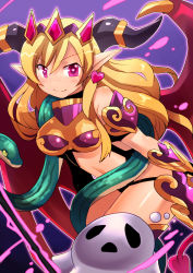 Rule 34 | 1girl, animal, armor, bare shoulders, bikini armor, blonde hair, blush, boots, breasts, demon girl, demon horns, demon tail, demon wings, earrings, emon-yu, fangs, gauntlets, hair ornament, heart, heart-shaped pupils, heart earrings, horn ornament, horns, jewelry, lilith (p&amp;d), long hair, midriff, navel, outline, pink eyes, pointy ears, purple background, puzzle &amp; dragons, red wings, smile, snake, solo, symbol-shaped pupils, tail, tiara, wings, yellow eyes