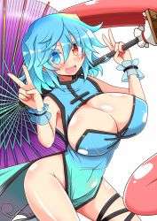 Rule 34 | 1girl, adapted costume, bare arms, blue dress, blue eyes, blue hair, blush, breasts, china dress, chinese clothes, cleavage, cleavage cutout, clothing cutout, colored eyelashes, dress, heterochromia, highres, huge breasts, karakasa obake, leg ribbon, looking at viewer, no panties, open mouth, red eyes, ribbon, rindou (p41neko), side slit, smile, solo, tatara kogasa, thighs, touhou, umbrella, v, white background, wrist cuffs