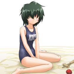 Rule 34 | 00s, 1girl, barefoot, green hair, hair over eyes, kendama, name tag, no eyes, one-piece swimsuit, ooba tsukiyo, school swimsuit, short hair, sitting, sketchbook full colors, solo, swimsuit, tanada-bon, toy, wariza