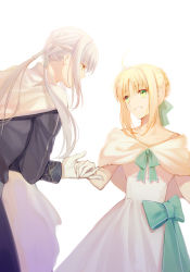 Rule 34 | 1boy, 1girl, :d, ahoge, artoria pendragon (all), artoria pendragon (fate), bedivere (fate), bedivere (formal dress) (fate), blonde hair, bow, braid, capelet, cherry (10013717), dress, fate/grand order, fate (series), french braid, gloves, green eyes, grin, heroic spirit formal dress, hetero, holding hands, long hair, long sleeves, official alternate costume, open mouth, saber (fate), saber (formal dress) (fate), short hair, sidelocks, silver hair, smile, tiara, twintails, white dress, white gloves