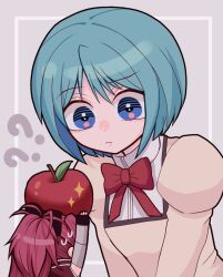 Rule 34 | 2girls, ?, apple, blue eyes, blue hair, bow, detached sleeves, food, fruit, grey background, hair bow, hair ornament, highres, holding, holding food, keropiki, long hair, looking at another, magical girl, mahou shoujo madoka magica, miki sayaka, mini person, minigirl, mitakihara school uniform, multiple girls, ponytail, puffy sleeves, red bow, red hair, sakura kyoko, school uniform, short hair, sparkle, sweatdrop