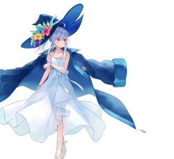 Rule 34 | 1girl, absurdres, ahoge, ankle ribbon, azuuru, bangle, bare arms, bare shoulders, blue coat, blue eyes, blue flower, blue hat, bracelet, coat, coat on shoulders, collarbone, dress, elaina (majo no tabitabi), floating hair, flower, hair between eyes, hat, hat flower, hat ornament, hat ribbon, hibiscus, highres, jewelry, leg ribbon, light blush, long dress, long hair, looking to the side, majo no tabitabi, novel illustration, official art, open clothes, open coat, ponytail, red flower, ribbon, second-party source, see-through, sidelocks, simple background, sleeveless, sleeveless dress, solo, sundress, walking, white background, white dress, white footwear, white hair, white ribbon, witch hat, yellow flower