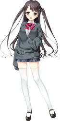 Rule 34 | 1girl, black eyes, black hair, braid, cardigan, dress shirt, full body, hair ornament, hairclip, highres, kano hijiri, kiss ato, long hair, long sleeves, looking at viewer, marui (koedame), mary janes, open mouth, pleated skirt, shirt, shoes, skirt, sleeves past wrists, solo, sweater, tears, thighhighs, transparent background, two side up, white thighhighs, zettai ryouiki