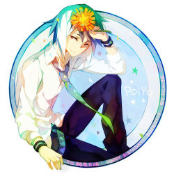 Rule 34 | 1boy, 2014, artist name, blue hair, blue necktie, character name, circle, dated, dress shirt, fcnixe, flower, happy birthday, long sleeves, looking at viewer, male focus, matsuda poiyo, multicolored hair, necktie, red eyes, round image, shirt, solo, sweatband, utau, wristband