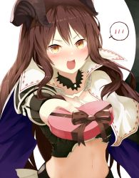 Rule 34 | 1girl, absurdres, blush, box, breasts, brown eyes, brown hair, cleavage, commentary request, d:, dark general (shingeki no bahamut), demon girl, demon horns, embarrassed, heart-shaped box, highres, horns, incoming gift, long hair, looking at viewer, medium breasts, midriff, navel, nose blush, open mouth, outstretched arm, parted bangs, shadowverse, shingeki no bahamut, simple background, solo, speech bubble, spoken blush, stomach, upper body, v-shaped eyebrows, very long hair, wavy hair, white background, yamato (muchuu paradigm)
