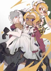 Rule 34 | 2girls, apron, ass, black dress, blush, carrying, carrying over shoulder, carrying person, closed mouth, collared dress, dark-skinned female, dark skin, dress, ear blush, flying sweatdrops, frilled dress, frills, highres, holding, holding umbrella, inkling, inkling girl, inkling player character, jacket, kneehighs, maid, maid apron, maid headdress, multiple girls, nintendo, octoling, octoling boy, octoling girl, octoling player character, open clothes, open jacket, open mouth, orange hair, panties, pointy ears, print panties, purple eyes, red eyes, salted whale, serious, sidelocks, socks, splatoon (series), squid print, tentacle hair, thighhighs, torn clothes, torn dress, umbrella, underwear, white thighhighs