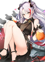 Rule 34 | 1girl, :q, antenna hair, ass, azur lane, bare legs, bare shoulders, black dress, black gloves, blush, bottle, breasts, closed mouth, clothes between thighs, cup, dress, drinking glass, elbow gloves, flask, gloves, hair between eyes, hair ribbon, heart, high heels, highres, holding, knees up, large breasts, legs, licking lips, long hair, looking at viewer, luse maonang, multicolored hair, orange eyes, pinky out, prinz eugen (azur lane), prinz eugen (cordial cornflower) (azur lane), red hair, ribbon, sidelocks, silver hair, simple background, sitting, smile, solo, streaked hair, swept bangs, thighs, tongue, tongue out, turret, two side up, white background