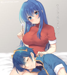 Rule 34 | 1boy, 1girl, awayuki ramika, bed, blouse, blue eyes, blue hair, blue shirt, blush, breasts, caeda (fire emblem), closed eyes, closed mouth, couple, dress, earrings, fire emblem, fire emblem: mystery of the emblem, jewelry, lap pillow, large breasts, long hair, looking at viewer, marth (fire emblem), nintendo, on bed, red dress, shirt, short sleeves, simple background, sitting, sleeping, smile, tiara, tight clothes, translation request, twitter username