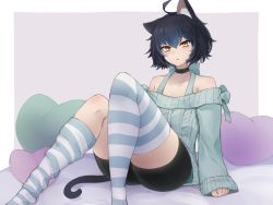 Rule 34 | 1boy, :o, ahoge, animal ear fluff, animal ears, bare shoulders, black choker, black hair, black shorts, blue hair, cat boy, cat ears, cat tail, choker, commission, heart, heart-shaped pillow, looking at viewer, male focus, multicolored hair, original, pillow, shorts, sitting, skeb commission, sleeves past wrists, slit pupils, solo, striped clothes, striped thighhighs, tail, thighhigh dangle, thighhighs, trap, yellow eyes, yonaga san