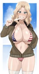 Rule 34 | 10s, 1girl, american flag bikini, bikini, bikini under clothes, blonde hair, blue eyes, breasts, brown jacket, cleavage, commentary request, cowboy shot, curvy, day, flag print, food, girls und panzer, groin, hair intakes, handplug, highres, huge breasts, jacket, kay (girls und panzer), long hair, long sleeves, looking at viewer, navel, open clothes, open jacket, opened by self, parted lips, popsicle, print bikini, saunders military uniform, shiny skin, simple background, skindentation, solo, standing, swimsuit, thighhighs, white background, white thighhighs, wide hips