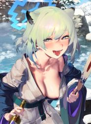 Rule 34 | 1girl, alcohol, animal ears, areola slip, beer, blue archive, extra ears, halo, highres, japanese clothes, kimono, onsen, open mouth, shigure (blue archive), shigure (hot spring) (blue archive), tongue, tongue out, waterswing, yukata