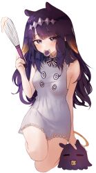 Rule 34 | 1girl, absurdres, blue eyes, blunt bangs, blush, dress, gradient hair, highres, holding, holding whisk, hololive, hololive english, kneeling, long hair, looking at viewer, mouth hold, multicolored hair, ninomae ina&#039;nis, orange hair, purple hair, sleeveless, sleeveless dress, takodachi (ninomae ina&#039;nis), tentacle hair, uve, virtual youtuber, whisk, white background