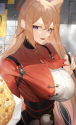 Rule 34 | 1girl, absurdres, blue archive, breasts, brown hair, crossed bangs, food, fried rice, halo, highres, koyo akio, large breasts, long hair, looking at viewer, neckerchief, red neckerchief, red shirt, rumi (blue archive), shirt, solo, upper body, very long hair