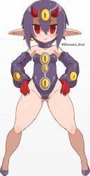 Rule 34 | 1girl, bare legs, bare shoulders, desco (disgaea), detached sleeves, disgaea, dismania (xenoman), dress, earrings, full body, gloves, hands on own hips, highres, horns, jewelry, leotard, pointy ears, purple dress, purple footwear, purple hair, purple leotard, red eyes, red gloves, smile, solo, standing, strapless, strapless leotard, thick thighs, thighs