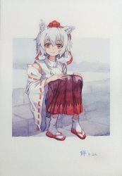 Rule 34 | 1546677594, 1girl, absurdres, animal ear fluff, animal ears, breasts, closed mouth, dated, detached sleeves, full body, grey hair, hair between eyes, hands on own knees, hat, highres, inubashiri momiji, looking at viewer, outdoors, painting (medium), red eyes, red footwear, red hat, red ribbon, red skirt, red tassel, ribbon, ribbon-trimmed sleeves, ribbon trim, sandals, shirt, short hair, sitting, skirt, sleeveless, sleeveless shirt, small breasts, smile, socks, solo, tokin hat, touhou, traditional media, watercolor (medium), white shirt, white socks, wolf ears, zouri