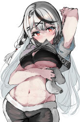 Rule 34 | 1girl, absurdres, arm up, black hair, black pants, black sports bra, braid, breasts, cleavage, clothes lift, crop top, crop top overhang, grey hair, hair ornament, hairpin, highres, hololive, hololive dance practice uniform, large breasts, lifted by self, long hair, looking at viewer, mouth hold, multicolored hair, navel, official alternate costume, pants, red eyes, sakamata chloe, shirt lift, single braid, solo, sports bra, streaked hair, tazrn1, underboob, virtual youtuber, wiping sweat, x hair ornament, yoga pants