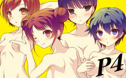 Rule 34 | 4girls, amagi yukiko, arm behind head, atlus, bad id, bad pixiv id, bare shoulders, black eyes, black hair, blue eyes, blue hair, blunt bangs, blush, breasts, brown eyes, brown hair, cleavage, collarbone, copyright name, covering privates, covering breasts, double bun, embarrassed, finger gun, fingernails, flat chest, from behind, gradient hair, grey hair, hair between eyes, hair bun, hand on breast, hand on own chest, highres, hip focus, kujikawa rise, large breasts, light smile, long hair, looking at viewer, looking away, looking back, multicolored hair, multiple girls, narrow waist, navel, nude, one eye closed, open mouth, persona, persona 4, pointing, purple eyes, purple hair, red eyes, red hair, satonaka chie, shirogane naoto, short hair, shoulder blades, sideboob, simple background, single hair bun, smile, surprised, swept bangs, wink, yellow background, yumegi (mg.)