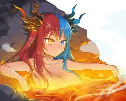 Rule 34 | 1girl, :o, bathing, blue eyes, blue hair, blue horns, breasts, commission, commissioner upload, completely nude, day, dragon girl, dragon horns, glowing, highres, horns, inferna dragnis (xoldrek), large breasts, lava, lava bath, long hair, multicolored hair, nude, original, outdoors, rock, shiny skin, solo, split-color hair, steam, usagi1923, volcano