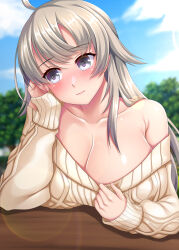 Rule 34 | 1girl, ahoge, blush, breasts, cleavage, closed mouth, collarbone, day, fingernails, grey eyes, grey hair, highres, kantai collection, large breasts, long hair, long sleeves, off-shoulder sweater, off shoulder, outdoors, ribbed sweater, ruin re birth, solo, sweater, upper body, washington (kancolle), white sweater