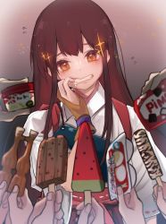 Rule 34 | 1girl, 6+others, akagi (kancolle), brown eyes, brown gloves, brown hair, commentary request, flying sweatdrops, food, gloves, grin, haagen-dazs, highres, ice cream cup, japanese clothes, kantai collection, long hair, multiple others, muneate, partially fingerless gloves, partly fingerless gloves, popsicle, ruohire9, single glove, smile, solo focus, sparkle, straight hair, tasuki, upper body, watermelon bar, yugake