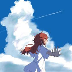Rule 34 | 1girl, blue sky, closed eyes, cloud, cloudy sky, commentary request, day, from behind, gundam, gundam suisei no majo, hair between eyes, highres, lemoontya, long hair, open mouth, outdoors, outstretched arms, red hair, shirt, short sleeves, sky, smile, solo, standing, suletta mercury, white shirt