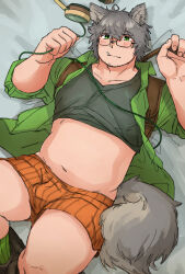 Rule 34 | 1boy, absurdres, animal ears, bara, belly, blush, boxers, bulge, collared shirt, feet out of frame, fox boy, fox ears, fox tail, glasses, goatee stubble, green eyes, grey hair, haishiba ame, hands up, headphones, highres, layered shirt, looking at another, lying, male focus, male underwear, mouth hold, navel, oc (haishiba ama), on back, open clothes, open shirt, orange male underwear, original, plump, shirt, short hair, solo, striped male underwear, tail, thick eyebrows, thick thighs, thighs, underwear