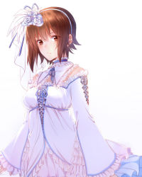 Rule 34 | 10s, 1girl, april tada, brown eyes, brown hair, dress, frilled dress, frills, girls und panzer, hair ornament, looking at viewer, nishizumi maho, simple background, solo, white background, white dress