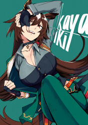 Rule 34 | 1girl, :d, absurdres, akaya shiki, animal ears, arm up, artist name, belt, biting, biting own thumb, black choker, black gloves, breasts, brown belt, brown hair, choker, cleavage, clothes pull, collared shirt, commentary, ear ornament, fingerless gloves, gloves, green background, green pants, grey shirt, hair between eyes, highres, horse ears, horse girl, jacket, jacket pull, large breasts, long hair, long sleeves, looking at viewer, multicolored hair, open clothes, open jacket, open mouth, pants, pendant choker, red eyes, shirt, simple background, sirius symboli (umamusume), smile, solo, streaked hair, tail, teeth, biting own thumb, umamusume, upper teeth only, very long hair, white hair